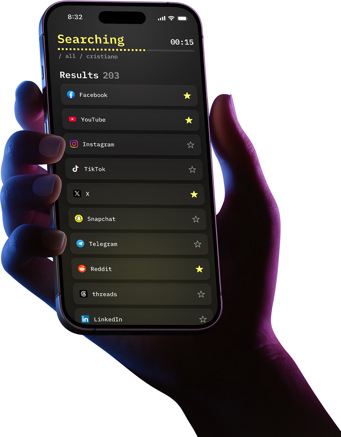 Hackerman app showing profile search results on an iPhone